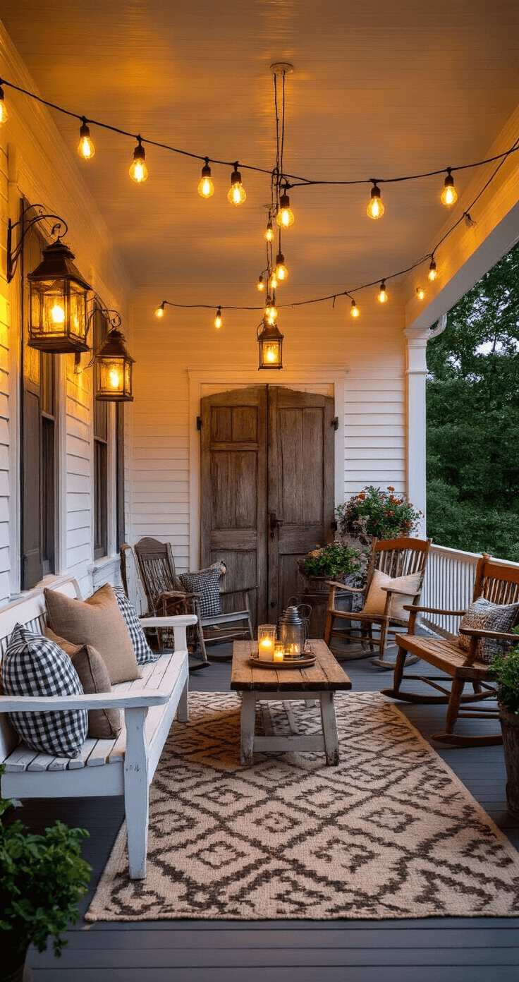 Rustic Farmhouse Porch Design: How I Transformed My Outdoor Space Into a Cozy Retreat Photorealistic image of a wide-angle farmhouse porch at sunset, featuring warm yellow light from Edison bulb string lights and hurricane lanterns. The scene includes a mismatched seating arrangement with a wooden bench, rocking chair, and church pew, adorned with checkered cushions, set on a geometric outdoor rug. Decorative elements include old wooden doors, white trellises with climbing roses, and an antique bicycle, all bathed in a cozy, inviting glow.