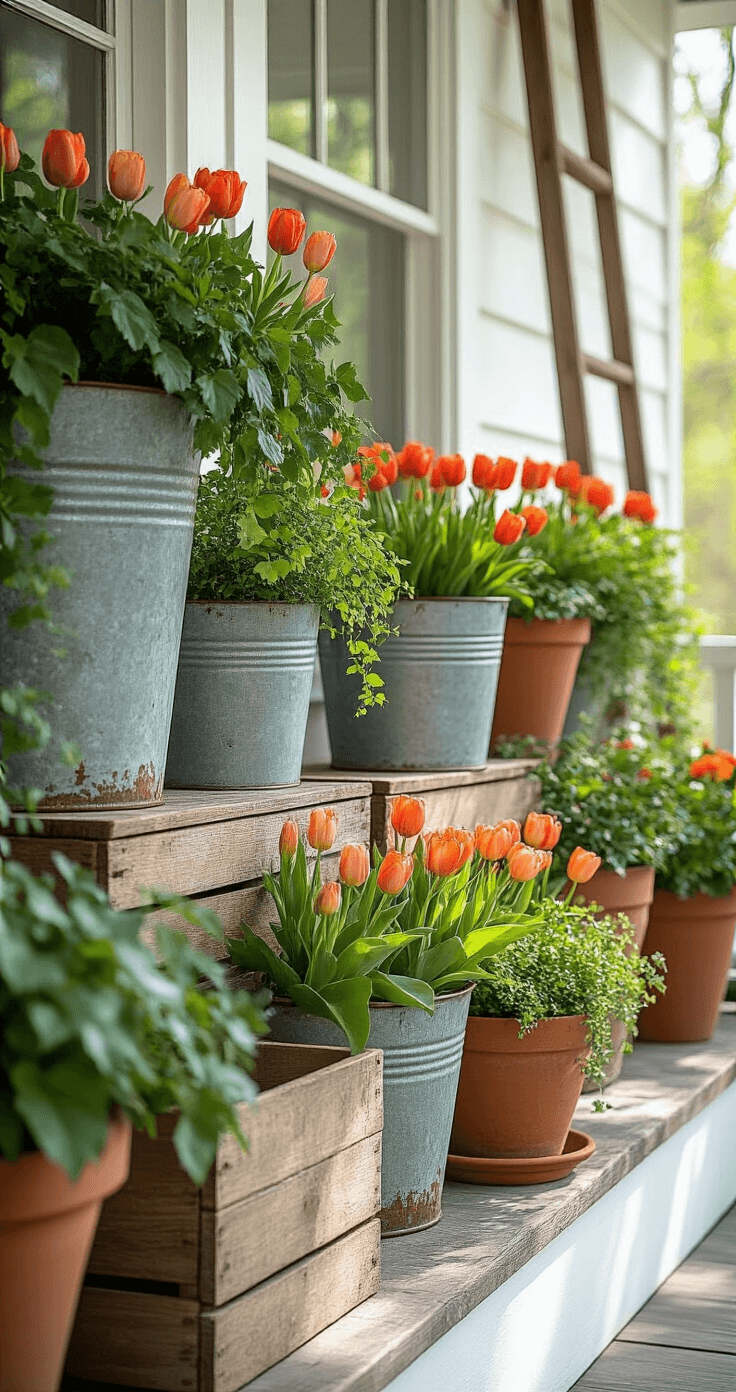 Rustic Farmhouse Porch Design: How I Transformed My Outdoor Space Into a Cozy Retreat Photorealistic close-up of a farmhouse porch featuring a variety of plant arrangements in repurposed containers, including galvanized buckets, wooden crates, and ceramic pots, with trailing ivy and colorful tulips, all set against white shiplap siding and a weathered wooden ladder, captured in bright afternoon light.
