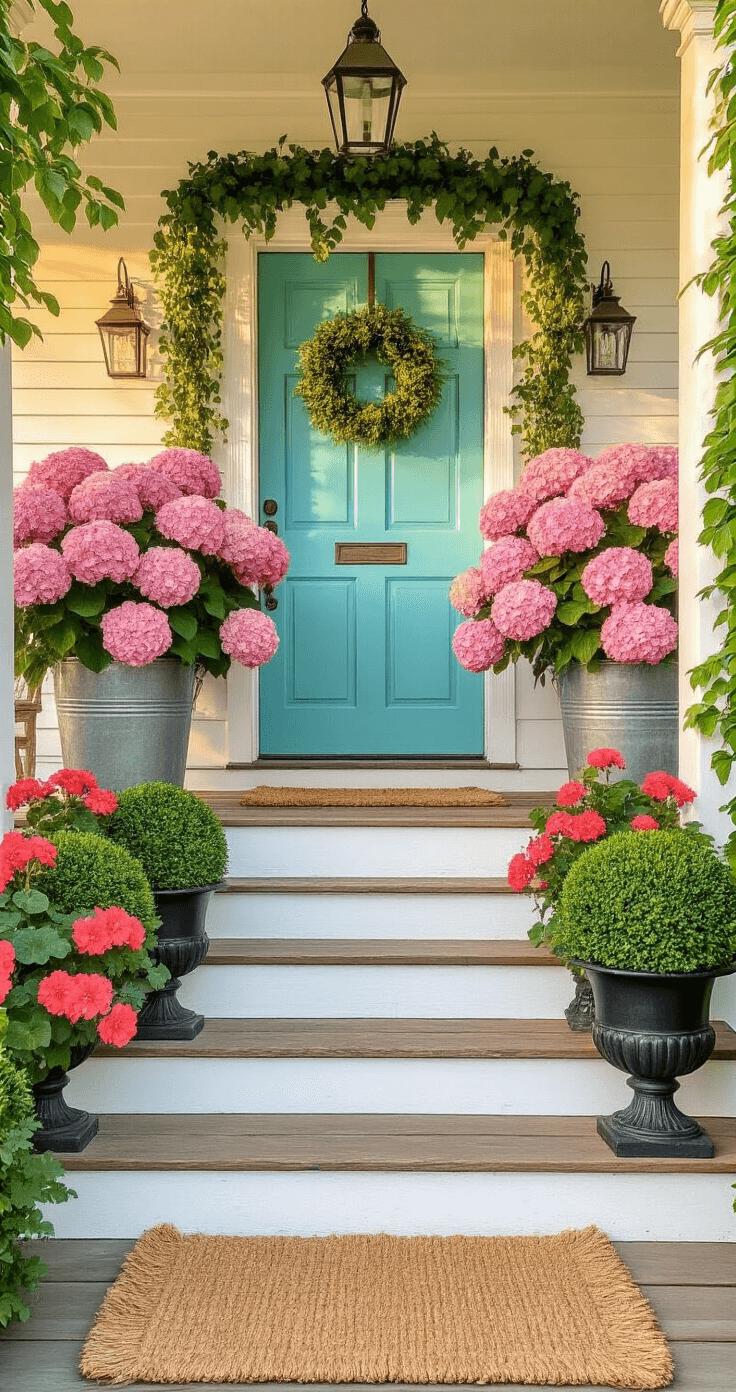 Farmhouse Front Porch Flowers That'll Make Your Neighbors Stop and Stare A welcoming farmhouse front porch adorned with oversized pink hydrangeas in galvanized buckets, a turquoise door, and white wooden columns, featuring climbing ivy, boxwood topiaries, and coral geraniums, all bathed in warm golden hour sunlight.