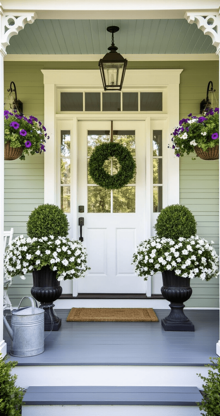 Farmhouse Front Porch Flowers That'll Make Your Neighbors Stop and Stare A charming cottage-style porch entrance at blue hour, featuring a symmetrical design with two black urns holding boxwood topiaries and white petunias flanking a white front door, surrounded by white wooden columns, a sage green beadboard ceiling, and a weathered gray wooden floor, complemented by hanging baskets of purple and white petunias and farmhouse accessories including a vintage watering can and lanterns emitting warm light.