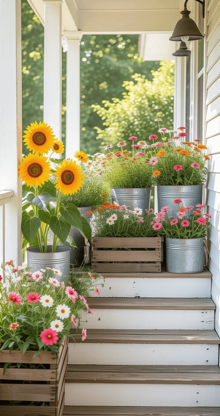 Farmhouse Front Porch Flowers That'll Make Your Neighbors Stop and Stare A rustic farmhouse porch corner in bright mid-morning sunlight, featuring wildflowers in vintage containers, including towering sunflowers in galvanized buckets and shorter zinnias in weathered crates, alongside cascading cosmos from an enamel basin, with original wide-plank flooring, white-painted columns, and a 'Farmer's Market' sign.