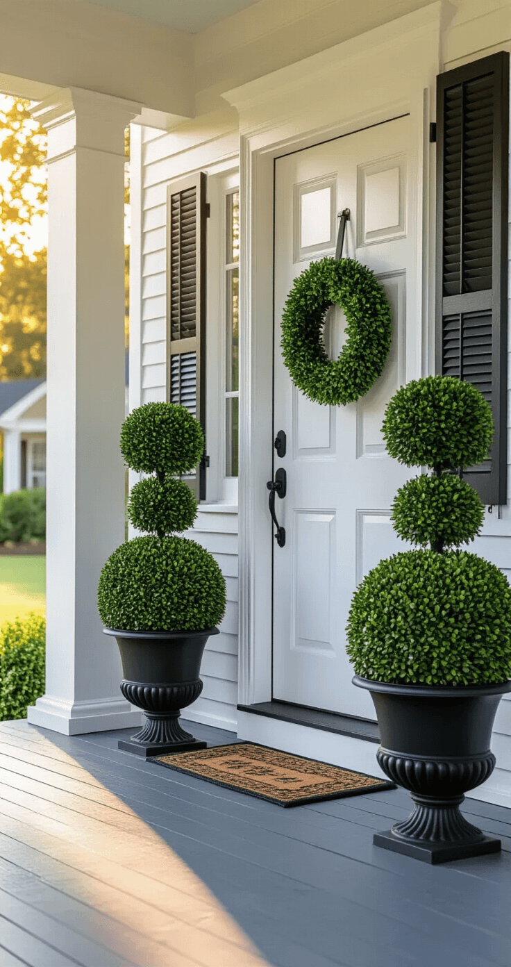 Front Porch Outdoor Artificial Flower Arrangements That Actually Look Real (No More Dead Plants!) Photorealistic image of a classic colonial front porch featuring matching 24-inch boxwood topiary spheres in black metal planters flanking a white door, under warm golden hour lighting that casts gentle shadows on weathered gray porch boards. A simple wreath with white flowers decorates the door, with glimpses of a manicured lawn and neighboring homes in the background. Camera positioned slightly low at 8 feet from the entrance captures the substantial scale of the topiaries.