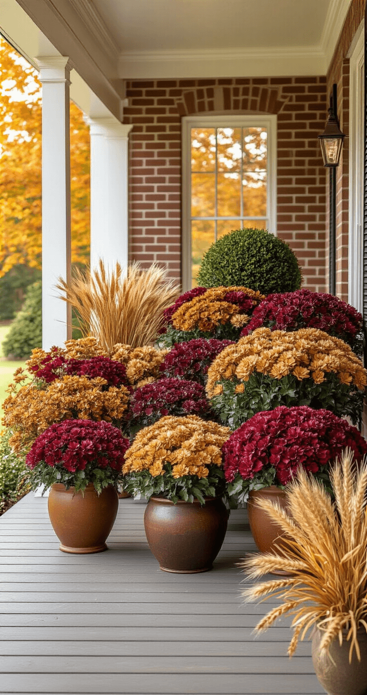 Front Porch Outdoor Artificial Flower Arrangements That Actually Look Real (No More Dead Plants!) Photorealistic autumn front porch arrangement featuring artificial flowers in rich merlot, burgundy, burnt orange, and deep gold hues with terracotta and bronze planters, set against a warm brick exterior, illuminated by soft morning light.