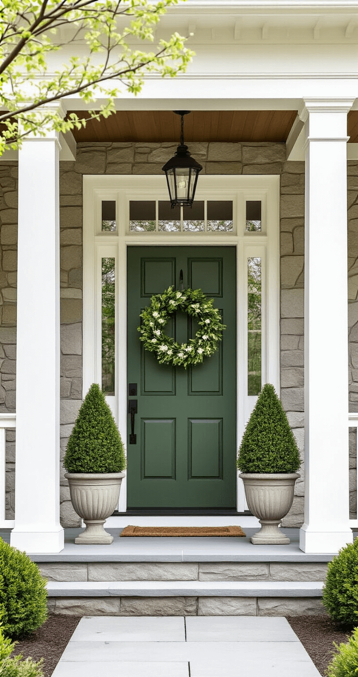 Front Porch Outdoor Artificial Flower Arrangements That Actually Look Real (No More Dead Plants!) Photorealistic spring porch styling of a craftsman-style home with a deep green front door, natural stone columns, boxwood topiaries, and a fresh spring wreath, surrounded by clean landscaping and budding trees.