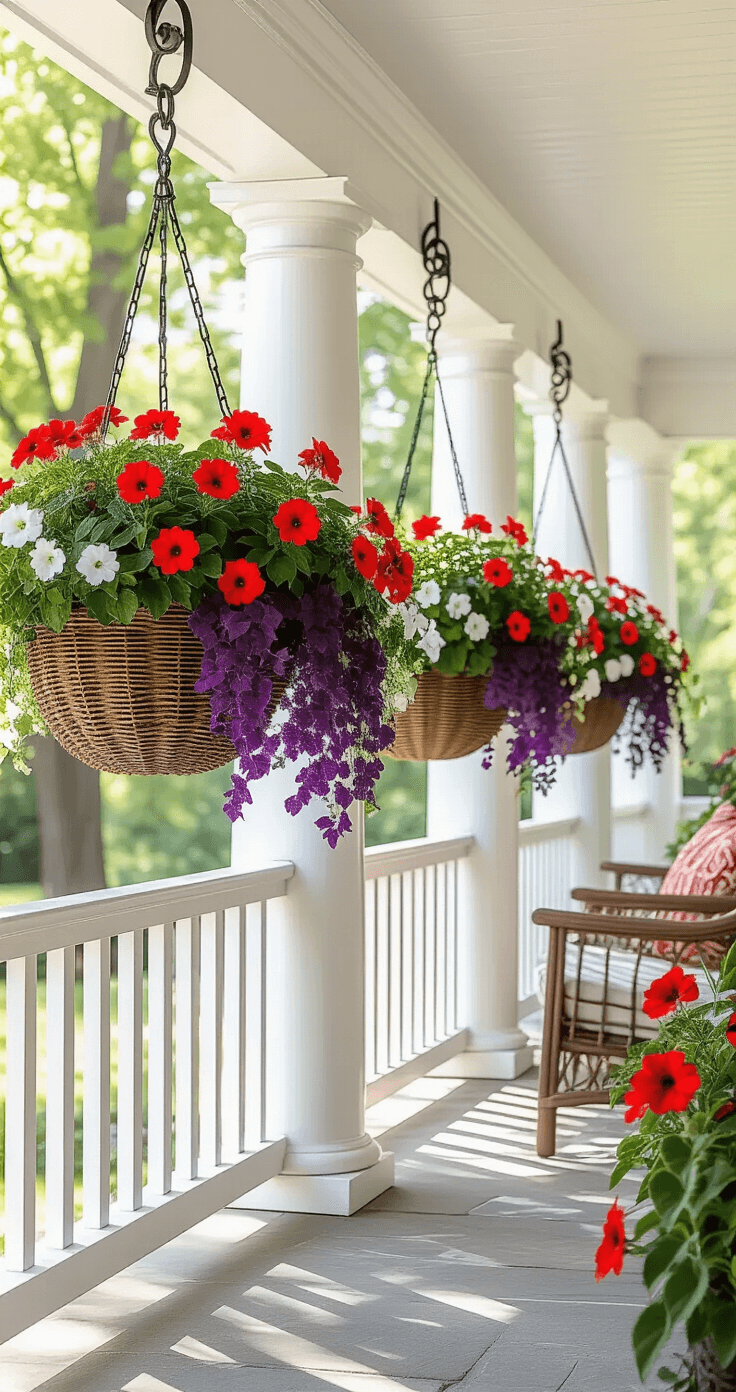 Outdoor Hanging Plants That'll Make Your Neighbors Actually Jealous A sunlit front porch adorned with vibrant hanging flower baskets, featuring red and white Supertunias and purple sweet potato vine, complemented by weathered teak furniture and dappled shadows from oak trees.