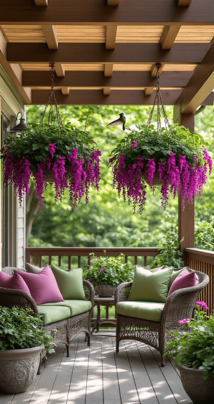 Outdoor Hanging Plants That'll Make Your Neighbors Actually Jealous Afternoon sunlight streams through a pergola onto a cozy back deck adorned with vibrant fuchsia hanging baskets, featuring two-toned magenta and purple blooms. Delicate flowers cascade from moss-lined baskets hung with copper chains, while a small hummingbird hovers nearby. Comfortable wicker seating with sage green cushions rests on warm gray decking, surrounded by stone planters filled with begonias, creating a serene and magical garden atmosphere.