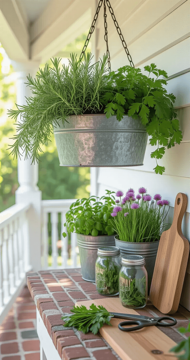 Outdoor Hanging Plants That'll Make Your Neighbors Actually Jealous A sunlit kitchen porch features a rustic galvanized metal herb planter overflowing with rosemary, parsley, chives, and sage, hanging from a wrought iron bracket. Below, a vintage cutting board and garden scissors sit beside mason jars filled with fresh herbs on a white-painted porch rail, with worn brick flooring and farmhouse-style siding in the background.