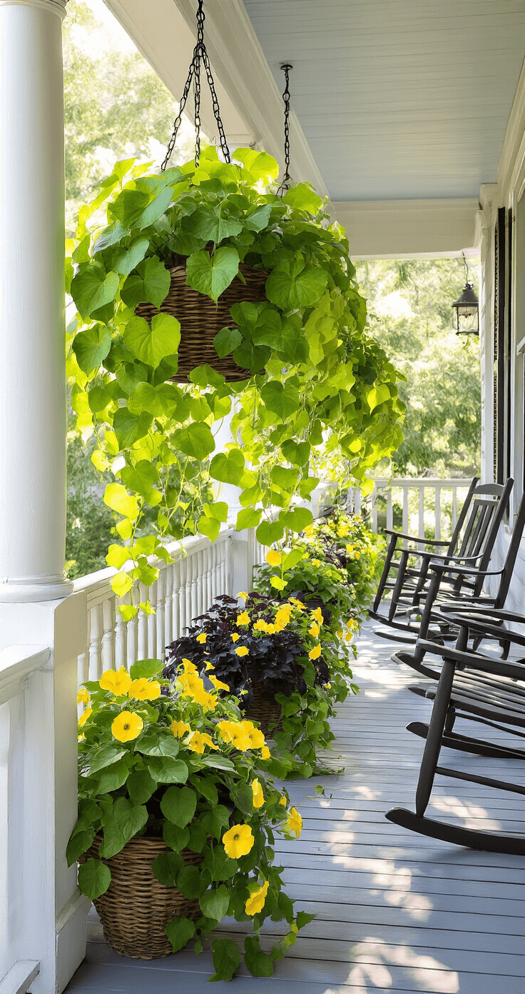 Outdoor Hanging Plants That'll Make Your Neighbors Actually Jealous Golden afternoon sunlight illuminates a porch adorned with dramatic hanging baskets of chartreuse sweet potato vine and deep purple 'Blackie' sweet potato vine, complemented by bright yellow petunias, creating a lush vertical garden effect against weathered white columns and railings.