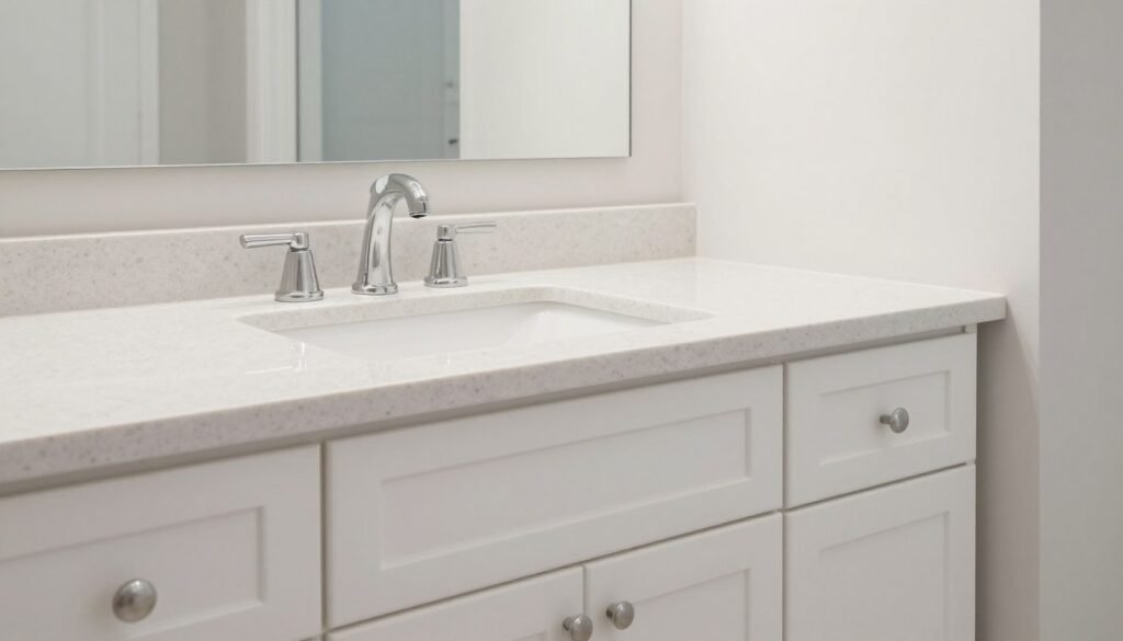 Bathroom featuring white vanity with light quartz countertop showing subtle veining Bathroom featuring white vanity with light quartz countertop showing subtle veining