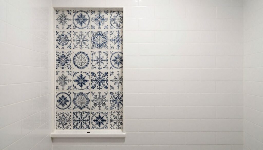 Bathroom showing strategic use of luxury accent tile with budget-friendly field tile Bathroom showing strategic use of luxury accent tile with budget-friendly field tile