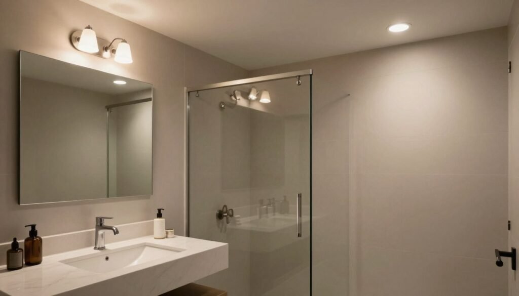 Bathroom with layered lighting showing ambient, task, and accent lighting working together Bathroom with layered lighting showing ambient, task, and accent lighting working together