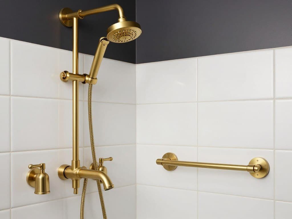 Brushed brass fixtures in tiny bathroom