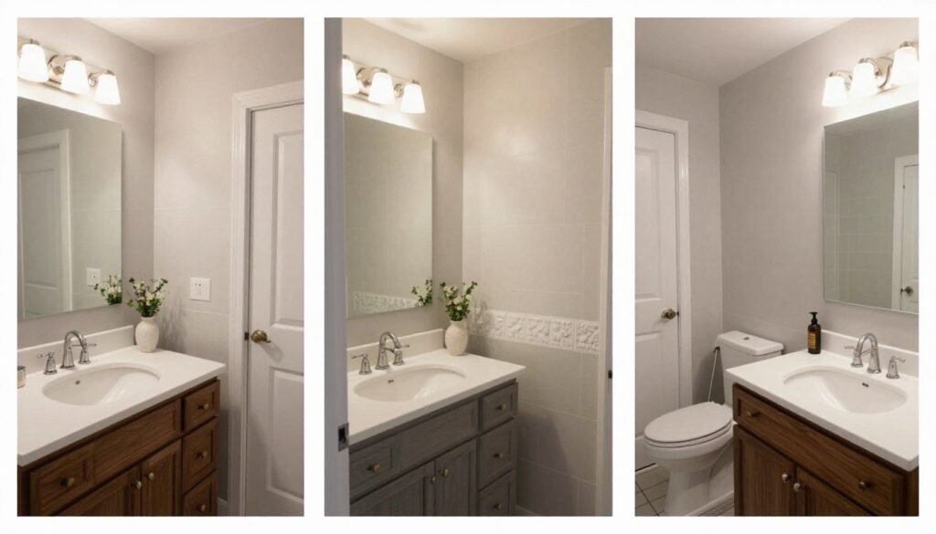 Collage of budget-friendly bathroom remodel ideas showing before and after transformations Collage of budget-friendly bathroom remodel ideas showing before and after transformations