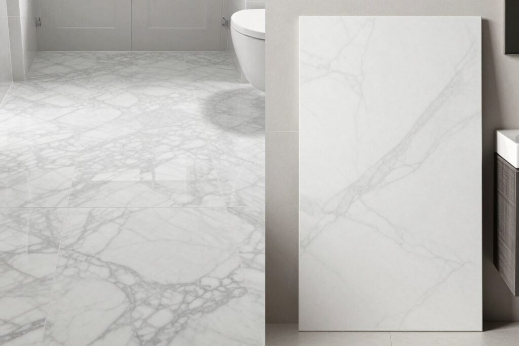 Comparison of natural stone flooring versus high-quality porcelain alternatives in a bathroom Comparison of natural stone flooring versus high-quality porcelain alternatives in a bathroom
