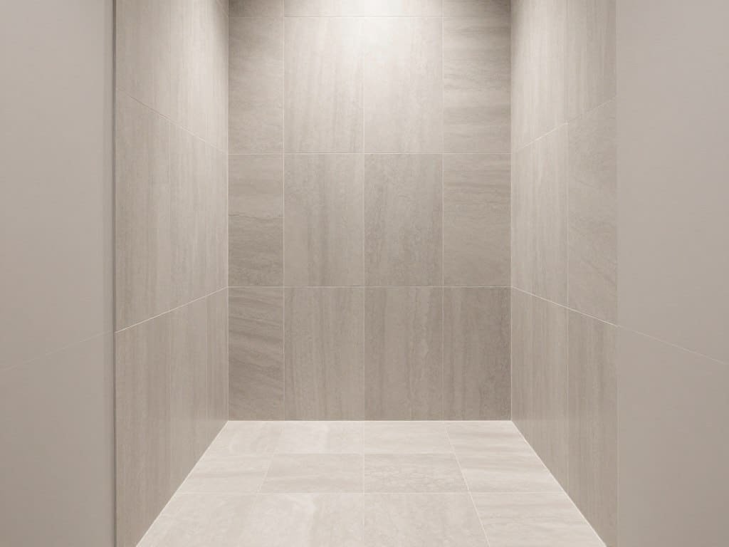 Continuous tile from floor to shower in tiny bathroom