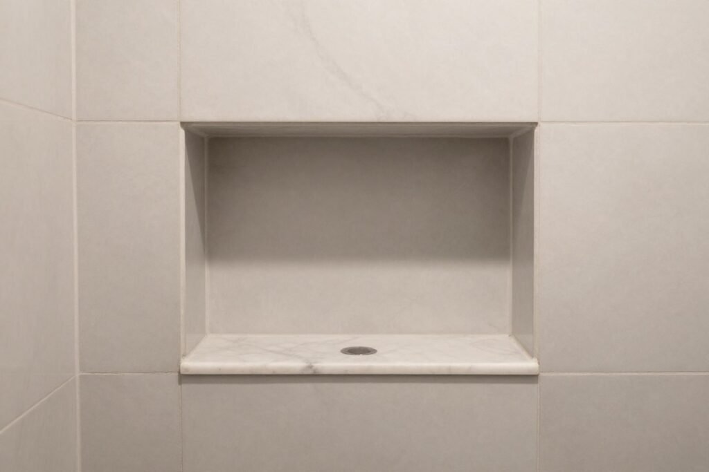 Custom built-in shower niche in tiny bathroom