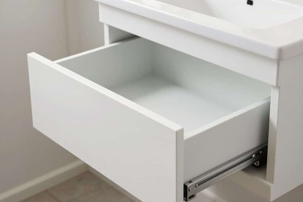 Hidden toe-kick drawer in bathroom vanity