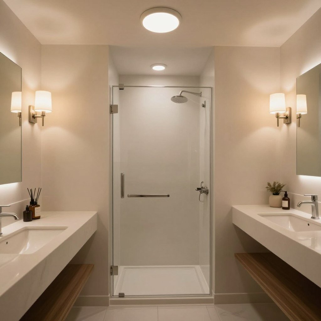 Layered bathroom lighting showing ambient, task, and accent lights in a budget-friendly remodel Layered bathroom lighting showing ambient, task, and accent lights in a budget-friendly remodel