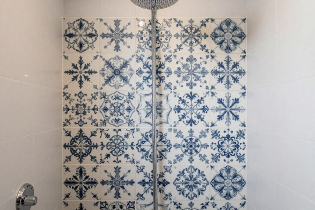 Shower with strategic tile placement showing where to splurge and where to save Shower with strategic tile placement showing where to splurge and where to save