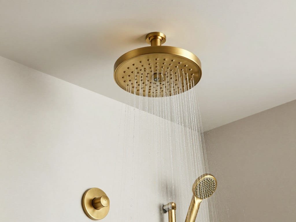 Statement shower head in tiny bathroom
