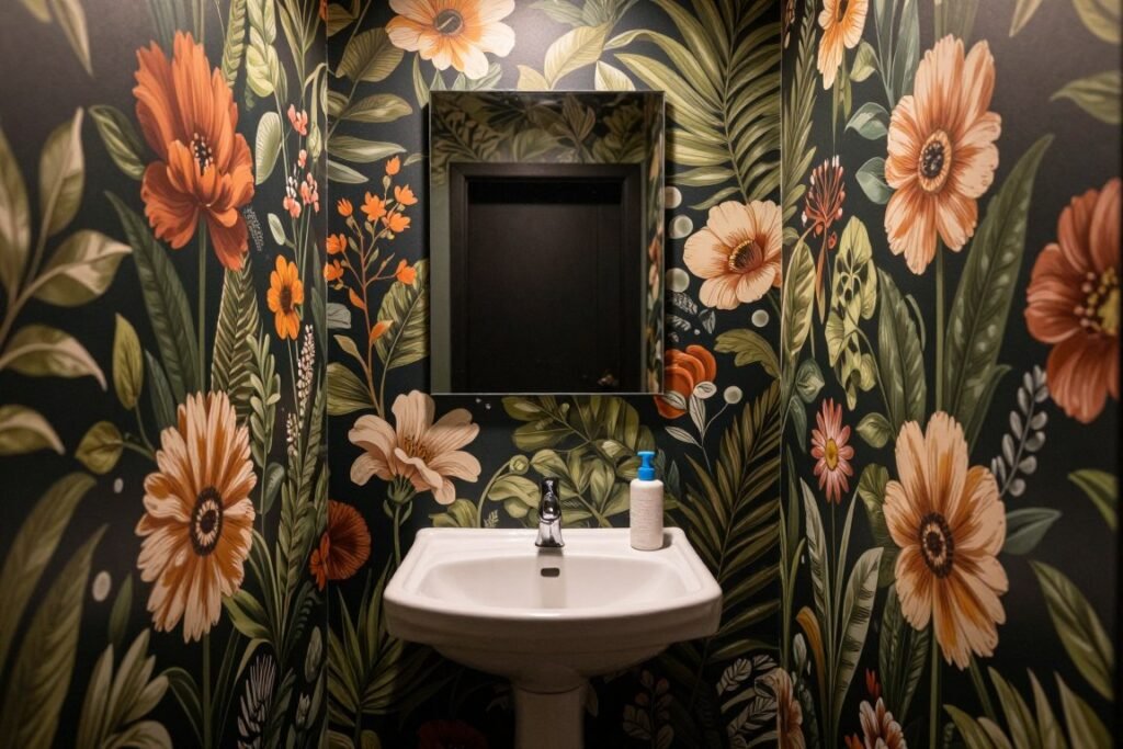 Statement wallpaper in tiny powder room