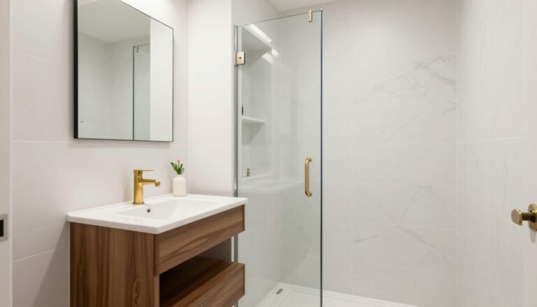 Tiny bathroom with floating vanity and custom tile work