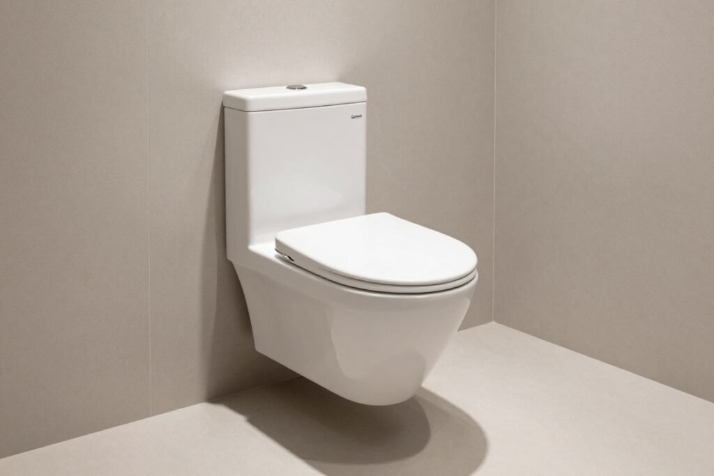 Wall-mounted toilet in tiny bathroom