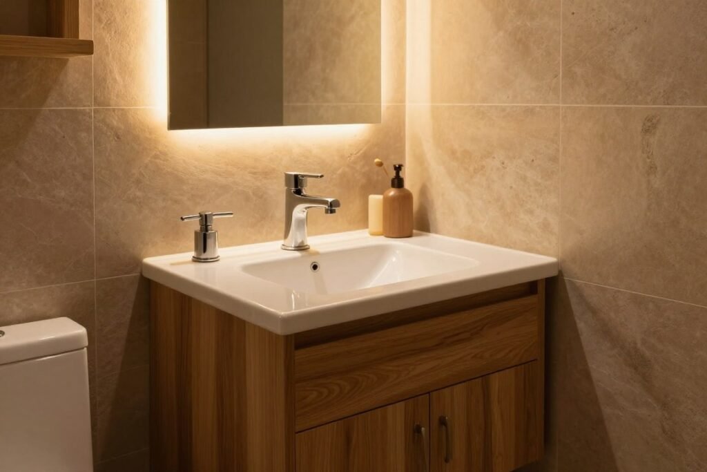 Warm lighting in tiny bathroom