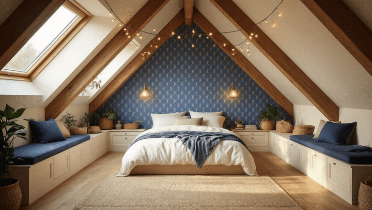 How I Turned My Dusty Attic Into a Bedroom That Actually Works Cinematic wide-angle shot of a cozy attic bedroom featuring exposed wooden beams, slanted ceiling, warm lighting, and creative storage solutions.