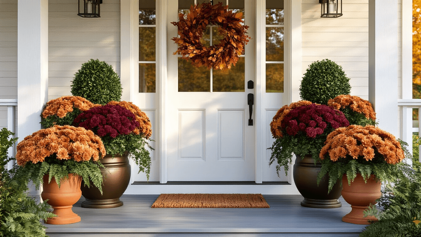 Front Porch Outdoor Artificial Flower Arrangements That Actually Look Real (No More Dead Plants!) Cinematic front porch with artificial boxwood topiaries and autumn mums in aged bronze planters, warm golden hour lighting, and an inviting seasonal display against a brick exterior.