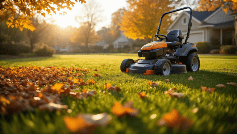 Cinematic wide-angle view of a meticulously maintained suburban lawn in autumn, showcasing precision-cut cool-season grass, scattered mulched leaves, and warm amber sunlight casting long shadows.