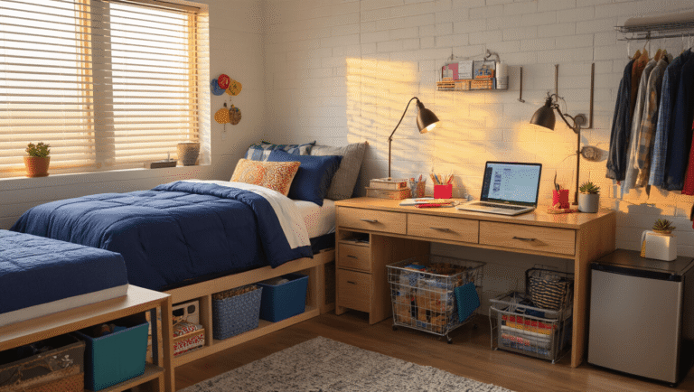 Everything You Need to Know About Setting Up Your College Dorm Room Cozy college dorm room featuring twin XL bed with navy comforter, wooden desk with laptop and colorful stationery, organized storage, and warm golden hour light.