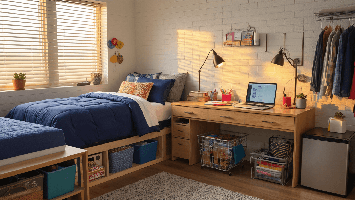 Everything You Need to Know About Setting Up Your College Dorm Room Cozy college dorm room featuring twin XL bed with navy comforter, wooden desk with laptop and colorful stationery, organized storage, and warm golden hour light.