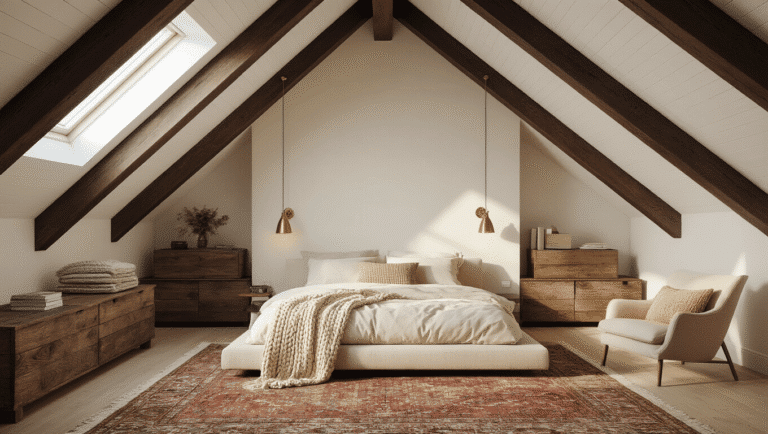 A cozy attic bedroom featuring exposed dark walnut beams, a large skylight allowing golden hour sunlight, cream linen bedding on a low platform bed, and rich textures like cable-knit pillows and a vintage Persian rug, complemented by brass wall sconces and a comfortable reading nook.