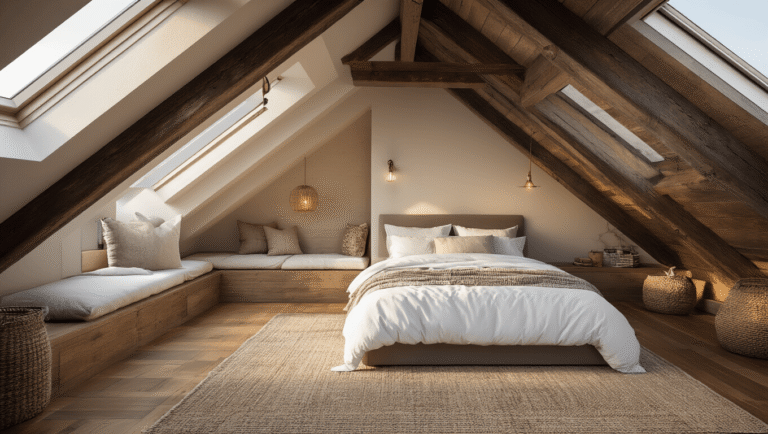 Attic Loft Ideas That'll Make You Wonder Why You've Been Storing Junk Up There Cozy attic loft bedroom with exposed wooden rafters, skylights casting warm light, a queen bed with white linens, and a built-in reading nook, featuring rustic-modern decor and rich textures.