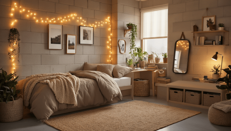 How I Transformed My Dorm Room from Drab to Fab (Without Breaking the Bank) A transformed dorm room at golden hour, showcasing warm LED string lights, a cozy twin XL bed with taupe bedding, an eclectic gallery wall, and a reading nook, all set against polished concrete floors and cinderblock walls.