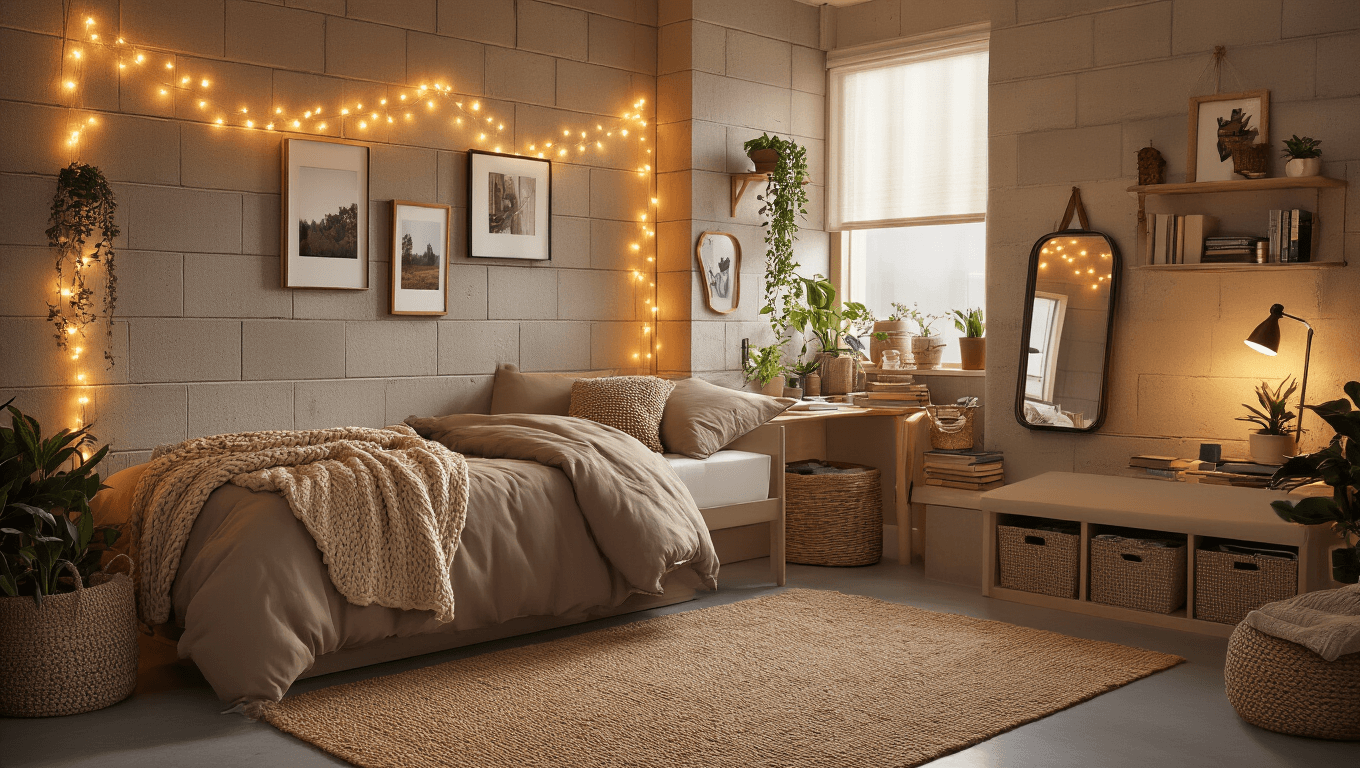 How I Transformed My Dorm Room from Drab to Fab (Without Breaking the Bank) A transformed dorm room at golden hour, showcasing warm LED string lights, a cozy twin XL bed with taupe bedding, an eclectic gallery wall, and a reading nook, all set against polished concrete floors and cinderblock walls.