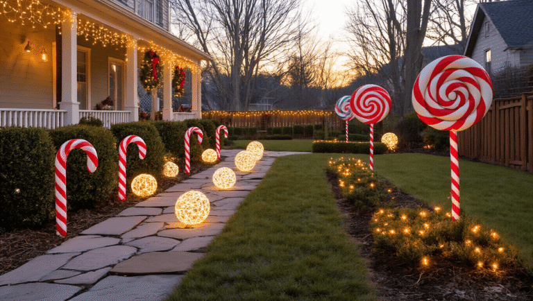 The Lazy Person's Guide to Outdoor Christmas Decor (That Still Looks Amazing) A cozy suburban front yard adorned with red and white striped candy canes, glowing light spheres, net lights on boxwood bushes, oversized lollipops, cascading icicle lights, and mason jars with fairy lights, all illuminated in warm golden hour light against a cool twilight sky.