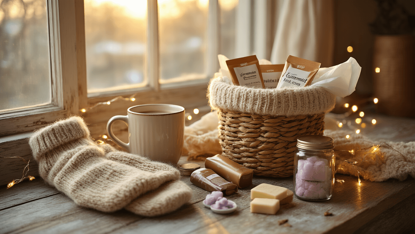Mini Burr Basket Ideas That'll Make Your Gift-Giving Actually Easy Cinematic overhead view of a mini burr basket surrounded by cozy winter items on a weathered wooden surface, illuminated by golden afternoon light, featuring fuzzy llama socks, gourmet hot chocolate packets, luxury hand cream, peppermint bark, lavender bath salts, and twinkling fairy lights, all styled for a warm and inviting hygge atmosphere.