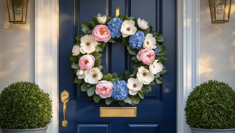 Elegant Spring and Summer Front Door Wreaths That'll Make Your Neighbors Stop and Stare Elegant navy blue front door with a luxurious floral wreath of pink peonies, white magnolias, blue hydrangeas, and ivory roses, highlighted by warm golden hour lighting. Potted topiaries frame the entrance, capturing a sophisticated ambiance.
