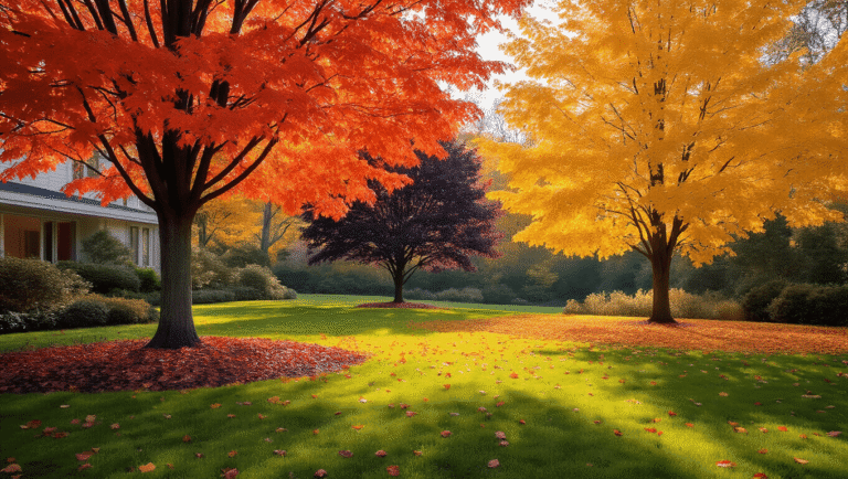 The Trees That'll Make Your Yard Look Like a Pinterest Board Every Fall Cinematic wide-angle shot of a picturesque autumn yard with vibrant Sugar Maple, deep burgundy Black Tupelo, and golden Ginkgo trees, dappled sunlight on a lush lawn, creating a warm, inviting atmosphere.