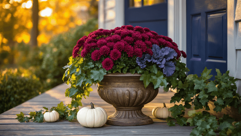 Fall Porch Planters: Plants, Design & Setup Cinematic wide-angle shot of a luxurious fall porch planter in a weathered ceramic urn, overflowing with deep burgundy mums, purple ornamental kale, and cascading ivy, set against a navy blue door, with warm amber sunlight highlighting the textures and mini white pumpkins scattered at the base.