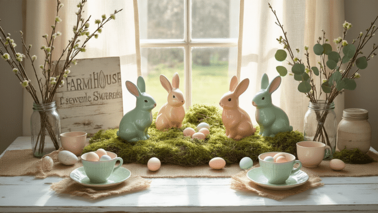 Farmhouse Easter Decor Ideas That'll Make Your Home Feel Like Spring Just Exploded (In the Best Way) Overhead view of a rustic farmhouse Easter display on a weathered wooden table, featuring pastel ceramic bunnies, eggs in moss, vintage tea cups with willow stems, and dried eucalyptus in mason jars, illuminated by warm morning sunlight.