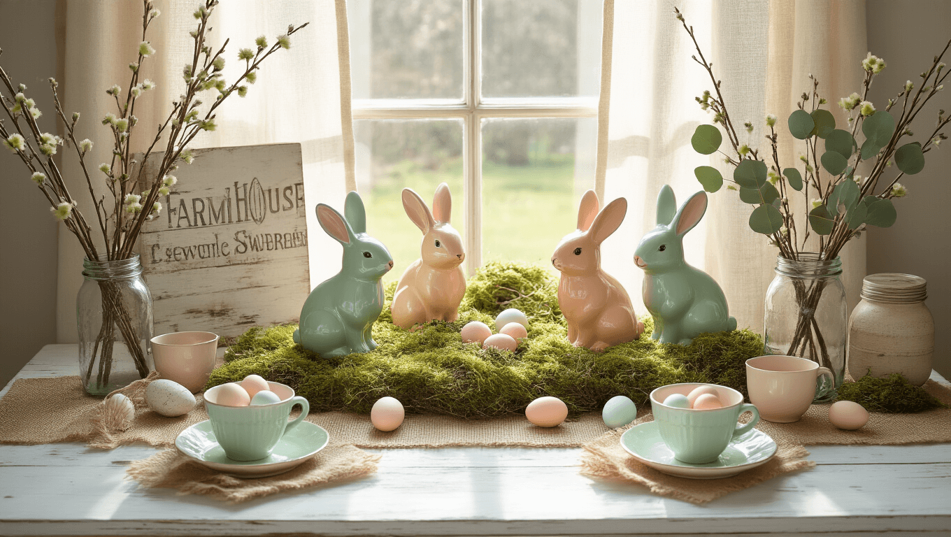 Farmhouse Easter Decor Ideas That'll Make Your Home Feel Like Spring Just Exploded (In the Best Way) Overhead view of a rustic farmhouse Easter display on a weathered wooden table, featuring pastel ceramic bunnies, eggs in moss, vintage tea cups with willow stems, and dried eucalyptus in mason jars, illuminated by warm morning sunlight.