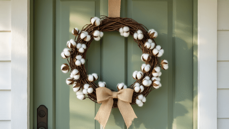 How I Style Farmhouse Grapevine Wreaths That Actually Look Good (Not Like a Craft Store Exploded on Your Door) Cinematic close-up of an 18-inch grapevine wreath adorned with silvery lamb's ear, cream cotton pods, and frayed burlap ribbon on a sage green farmhouse door, with golden hour sunlight casting warm shadows and highlighting rustic textures against weathered white shiplap siding.