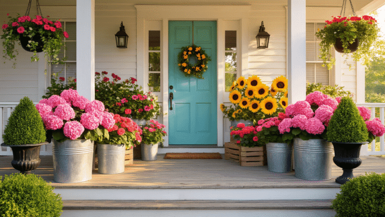Farmhouse Front Porch Flowers That'll Make Your Neighbors Stop and Stare Charming farmhouse porch adorned with pink hydrangeas, coral geraniums, and sunflowers, featuring a turquoise door and rustic wooden accents, captured in warm golden hour light.