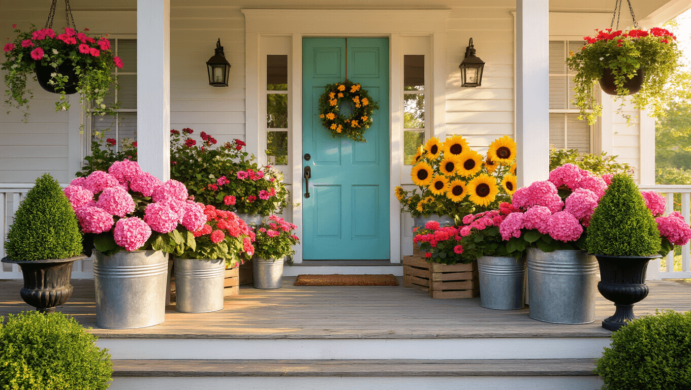 Farmhouse Front Porch Flowers That'll Make Your Neighbors Stop and Stare Charming farmhouse porch adorned with pink hydrangeas, coral geraniums, and sunflowers, featuring a turquoise door and rustic wooden accents, captured in warm golden hour light.