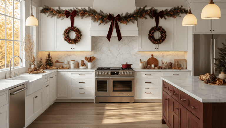 The Complete Guide to Kitchen Cabinet Christmas Decor That Won't Drive You Mad An elegant modern farmhouse kitchen during golden hour, featuring white shaker cabinets decorated with burgundy and cream wreaths, burgundy velvet ribbon bows, and a dried orange slice garland, complemented by a marble waterfall island and warm pendant lighting, evoking a cozy holiday ambiance.
