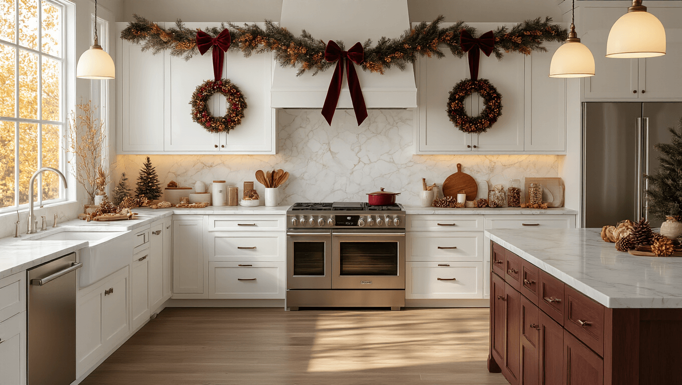 The Complete Guide to Kitchen Cabinet Christmas Decor That Won't Drive You Mad An elegant modern farmhouse kitchen during golden hour, featuring white shaker cabinets decorated with burgundy and cream wreaths, burgundy velvet ribbon bows, and a dried orange slice garland, complemented by a marble waterfall island and warm pendant lighting, evoking a cozy holiday ambiance.