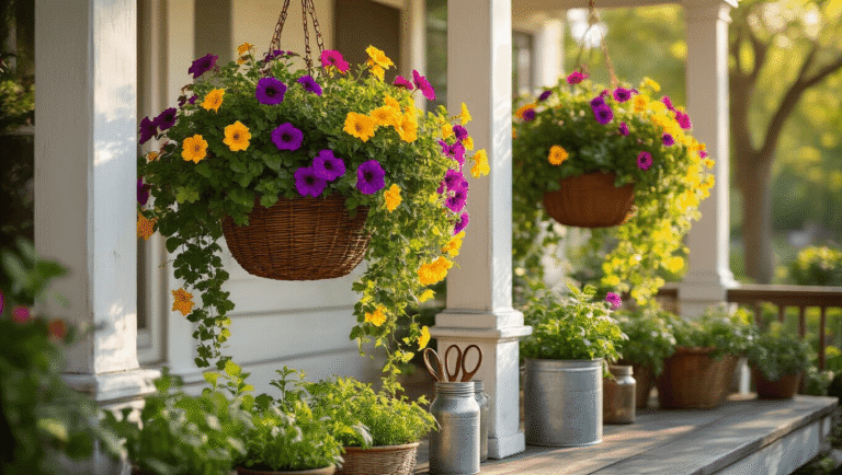 Outdoor Hanging Plants That'll Make Your Neighbors Actually Jealous A sunlit porch adorned with vibrant hanging baskets of petunias and sweet potato vines, featuring weathered white columns, moss-lined wicker baskets, and rich textures, set against a backdrop of oak trees, conveying a warm, inviting atmosphere.